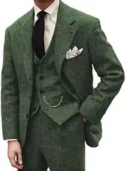 [BONOW] Mens Tweed Herringbone Suit Slim Fit 3 Pieces Mens Wedding Suit Dress Tuxedos Prom Suit Jacket Vest Pants