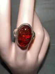 Vintage Sterling Silver Large Amber Unisex Statement Ring Size 8 NWT NOS