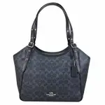 COACH 經典C LOGO印花拼接款拉鍊肩背托特包/購物包(深藍)