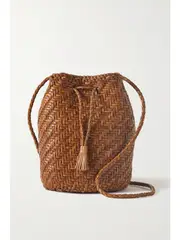 [Dragon Diffusion] Dragon Diffusion - Pompom Double Jump Woven Leather Bucket Bag - Tan - One size One size Brown