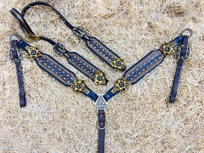 Western Leather headstall set for horse golden flowers and topaz stone MOUSM