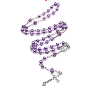 (爆款）紫色珍珠玫瑰花念珠項鍊十字架項鍊宗教飾品洗禮珠玫瑰經計數珠鏈R9