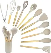 [ZOHEA] 12 PCS Silicone Kitchen Utensils Set, Heat Resistant Silicone Spatula With Wooden Handle, Non-Stick Cooking Utensils Set,Kitchen Accessories With Turner,Spoon,Brush,Whisk,Dishwasher Safe (Khaki)