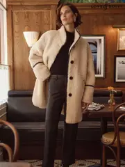 Love & Roses Cream Borg Funnel Neck Mid Length Coat (E83905) | $116