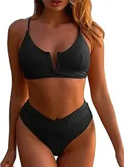 [Generic] Womens Two Piece Bikini Sets V-Wired Swimsuit High Waisted Crossover Bathing Suit Bottom Push Up Swimwear