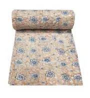New Indian Cotton Hand Block Print Kantha Quilt Coverlet Twin Bedspread Blanket
