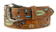 Ariat Western Womens Belt Leather Painted Floral Blue Underlay Tan A159030_CgHy4