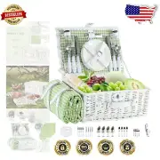 Compact Wicker Picnic Set Including Insulated Cooler and Waterproof Blanket