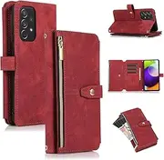 for Samsung Galaxy A35 5G Case,for Galaxy A35 5G Wallet Case,Boyobacase PU Leather Wallet Stand Feature Cover[9 Card Holders][Zipper Coin Pocket] with Wrist Strap-Red