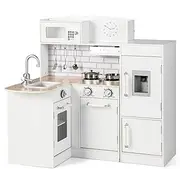 HONEY JOY Kids Corner Kitchen Playset, Wooden Play Kitchen Toy Set w/Realistic Microwave, Oven, Stove, Refrigerator, Water Dispenser, Range Hood, Utensils, Sink, Pretend Cooking Set for Toddlers