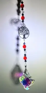 Handmade Crystal 63mAB 12" tree of life suncatcher, red, black crystals/ clasp