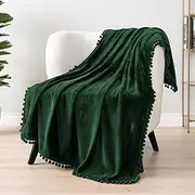 PAVILIA Pom Pom Blanket Throw, Emerald Green Dark | Soft Fleece Pompom Fringe Blanket for Couch Bed Sofa | Decorative Cozy Plush Warm Flannel Velvet Tassel Throw Blanket, 50x60