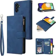 [UEEBAI] Wallet Case for Samsung Galaxy A13 5G, Premium Vintage PU Magnetic Closure Handbag Zipper Pocket Case Kickstand Card Holder Slots with Wrist Strap Shockproof Flip Cover - Blue