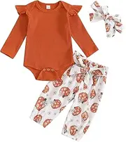 [Generic] Halloween Baby Set Long Sleeve Pumpkin Print Pants + Headband 3 Set Children Outfits Girls Long Sleeve Set (Red, 12-18 Months)