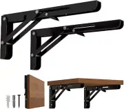 8 Inch Folding Shelf Brackets, Heavy Duty Wall Mounted Shelf Bracket 2Pack Black