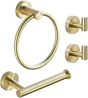Brushed Gold Bathroom Hardware Set, Gold Toilet Paper Holder Towel Ring and 4 Robe Hooks Hand Towel Holder Bathroom Accessories Kit Wall Mount Stainless Steel, 6 Pieces