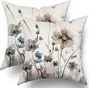 Watercolor Brown Grey Floral Pillow Covers 18x18 Rustic Color Cream Gray Blue Flower Print Decorative Throw Pillows Modern Art Farmhouse Pillowcase Cushion Case Decor for Sofa Couch Bed Set of 2
