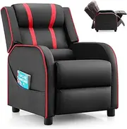 HONEY JOY Kids Recliner Chair with Side Pockets, Toddler Ergonomic PU Leather Sofa Couch w/Adjustable Backrest Footrest & High Density Sponge, Upholstered Armchair for Boys & Girls, Age 3-12 (Red)