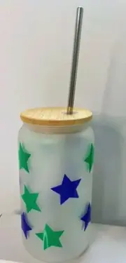 Vinhia Star 16 oz. Frosted Coffee Mug with Straw. Green and blue star. Handmade