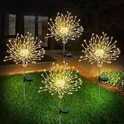 Solar Firework Lights 4 Pack, Solar Powered Garden Fairy Lights for Outdoor Yard Decorative, Waterproof Star Firecracker Lights 120LED Sparkler for Patio Planter Bushes (Warm White)