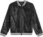 [Linjinx] Kids Girls Sequin Sparkle Jacket Zipper Long Sleeve Bomber Jacket Hip Hop Dance Costume