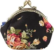 [Generic] Coin Pouch Canvas Cute Classic Rose Card Purse Keys Wallet Jewelry Pouch Clasp Closure Wallet (Black, One Size)