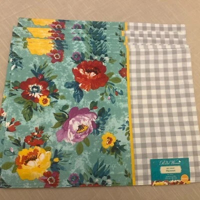 Pioneer Woman Sweet Romance Placemats Reversible Floral Gray Check Set of 6 New
