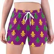 [GuoChe] Running Shorts Mardi Gras Carnival Colorful Fleur De Lis Purple Sport Shorts for Women Elastic Bike Shorts for Running