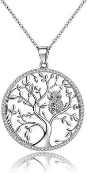 925 Sterling Silver Owl Tree of Life Pendant Necklace Gifts for Women18" Chain