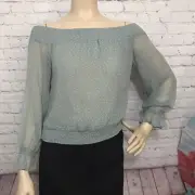 Abercrombie Women’s Blouse Off-the Shoulder Crinckle Chiffon Sz M Mint Green Dot