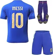 [Hawkara] Argentina #10 Away Copa-American Leo Football Kids Jersey Pad Shorts Socks Set Youth Sizes (Blue, 24.)