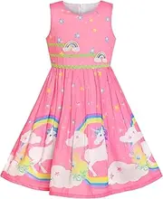 [Sunny Fashion] Girls Dress Pink Unicorn Rainbow Summer Sundress Size 4-12 Years