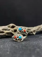 Navajo coral & sleeping beauty turquoise Sterling Silver Adjustable Ring Size 9