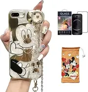 Hosiss Cartoon Case for iPhone 7 Plus/8 Plus 5.5" with HD Screen Protector, Mickey Mouse with Wrist Strap Kickstand Metal Chain Strap Soft TPU Shockproof Protective for Girls Women