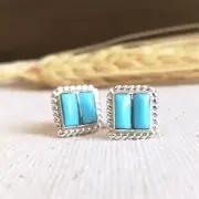 Native American Zuni Sterling Silver Turquoise Inlay Small Square Stud Earrings