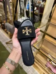 NEW Tory Burch Everly Slide Sandals Light Black Gold Crystal 7.5