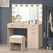 ALFORDSON Dressing Makeup Table & Stool Set, Vanity Desk with Mirror 12 LED Light Bulbs in Adjustable 3-Colour, Jewellery Dresser Organiser with Drawers for Bedroom Dressing Room, Wood