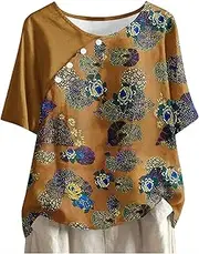 [Generic] Layering Tee Short Sleeve Floral Print Button Top Round Neck Button Up T Shirt