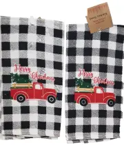 2 Thin Cotton Tea Towels(15x25")MERRY CHRISTMAS RED TRUCK,BLACK & WHITE CHECK,HC