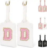 [izuzta] 2 PACK Personalized Initial Letter Luggage Tag D for Suitcases, PU Leather Luggage Tag with Privacy Cover ID Label Card, White Cute Monogrammed Funny Baggage Travel Handbag Tag for Women Kid(Letter D)
