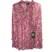 Vince Camuto Women's NWT Multi Pink Floral Pleated Mesh Peasant Blouse Sz Small