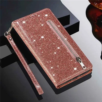 Color: Beige, Material: Cotton Fabric - Zipper Flip Wallet Glitter Leather Case
