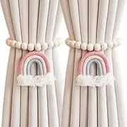 BDHRKTE 2 Pieces Wooden Beaded Curtain Tiebacks, Tassel Curtain Buckles Magnetic Curtain Buckles, Rainbow Tassel Curtain Tiebacks No Punch Decoration (Pink)