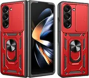 [ESTH] Case for Samsung Galaxy Z Fold6 with Slide Camera Cover [Camera Protection] [Ring Stand] [Case Compatible with Magnetic Car Mount] Shockproof Mobile Phone Case, Red