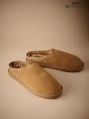 Tan Brown Faux Fur Lined Signature Suede Mule Slippers (B27081) | $55