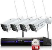[REIGY] 3MP WIFI CCTV Camera System with Floodlight Preinstalled 1TB Hard Drive, Outdoor Security Cameras Set 8CH NVR + 4x 1296P IP Cam With 2-Way Audio,Remote View, Color Night Vision,Motion Detection
