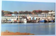 VTG 1960s ADVERTISING PC HYANNIS HOLIDAY MOTEL CAPE COD MA BOATS IN SLIPS AUTUMN