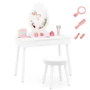 Giantex Kids Vanity Wooden Dressing Table Stool Set w/Cushioned Chair & Real Mirror Christmas Gift White