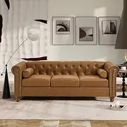 [HMFULE] 80'' Upholstered Sofa Couch Modern Tufted Sofa with Deep Seats, Comfy Modern Couch Chesterfield 3 Seater Sofa with 2 Pillows for Living Room Apartment Office Lounge (Brown)