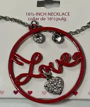 Necklace & Pierced Earrings Set Red Enamel Circle Of Love Has Rhinestone Charm